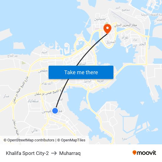 Khalifa Sport City-2 to Muharraq map