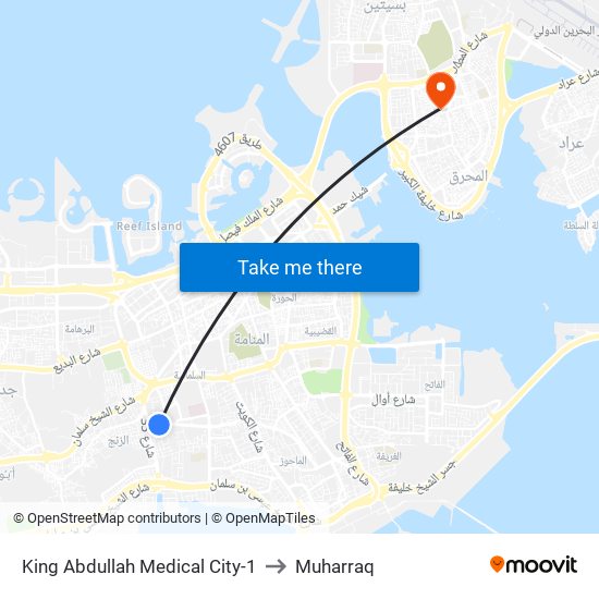 King Abdullah Medical City-1 to Muharraq map