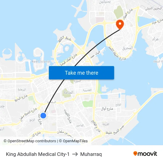 King Abdullah Medical City-1 to Muharraq map
