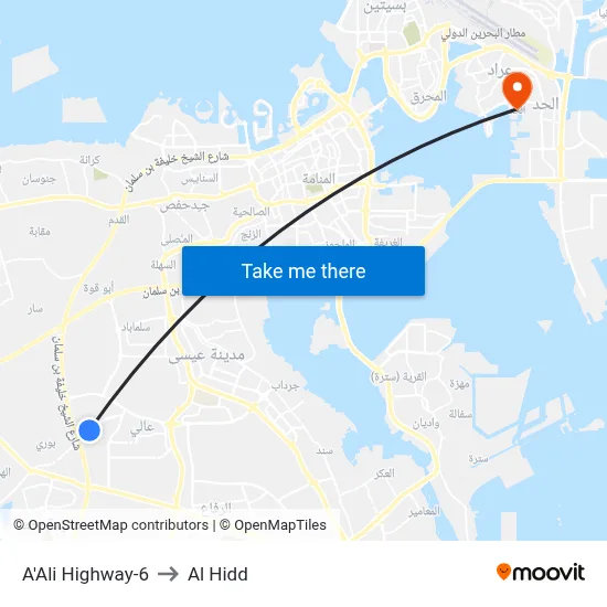 A'Ali Highway-6 to Al Hidd map
