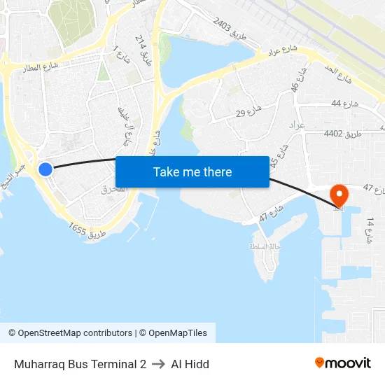 Muharraq Bus Terminal 2 to Al Hidd map