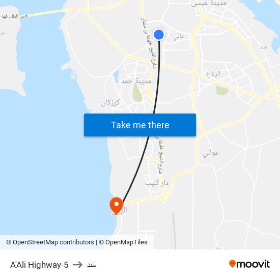 A'Ali Highway-5 to سَنَد map