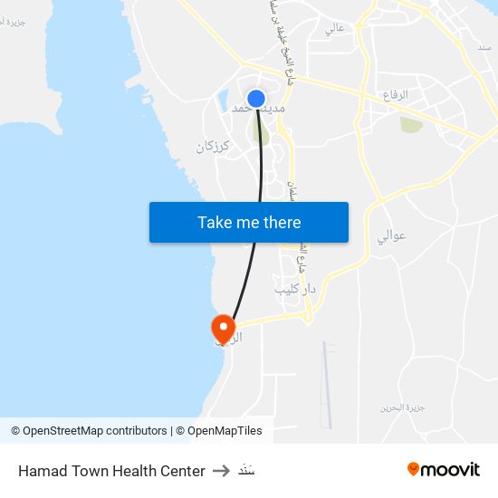 Hamad Town Health Center to سَنَد map