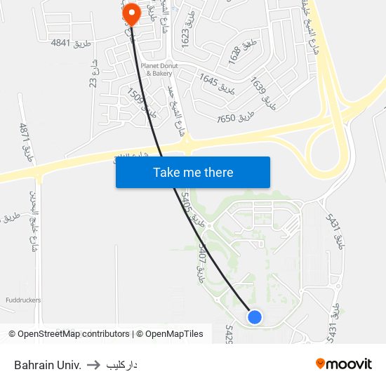 Bahrain Univ. to داركليب map