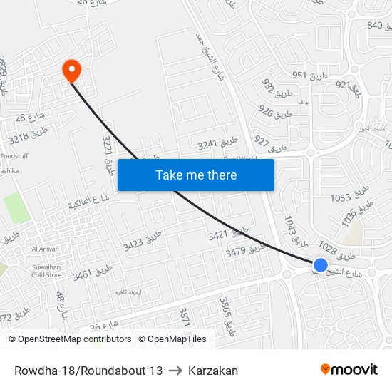 Rowdha-18/Roundabout 13 to Karzakan map