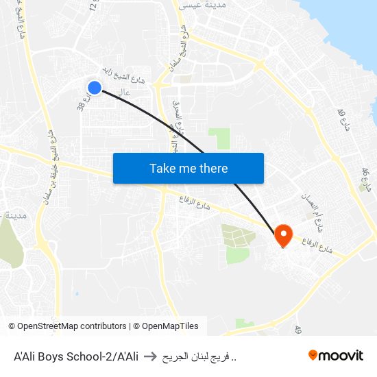 A'Ali Boys School-2/A'Ali to فريج لبنان الجريح .. map