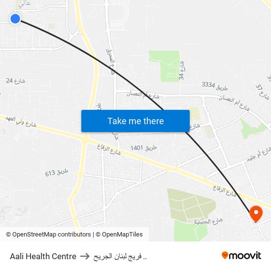Aali Health Centre to فريج لبنان الجريح .. map
