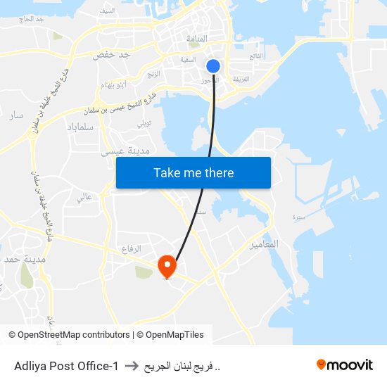 Adliya Post Office-1 to فريج لبنان الجريح .. map