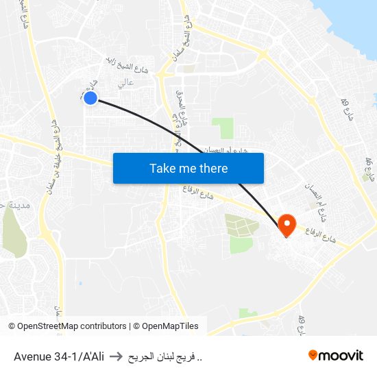 Avenue 34-1/A'Ali to فريج لبنان الجريح .. map