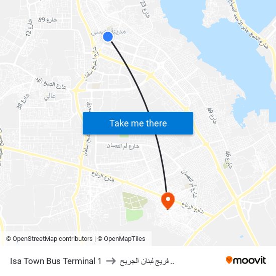 Isa Town Bus Terminal 1 to فريج لبنان الجريح .. map