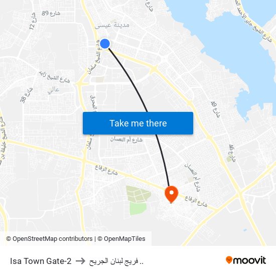 Isa Town Gate-2 to فريج لبنان الجريح .. map