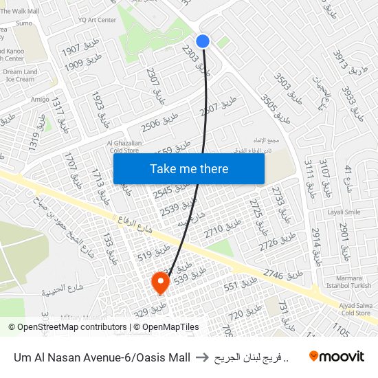 Um Al Nasan Avenue-6/Oasis Mall to فريج لبنان الجريح .. map