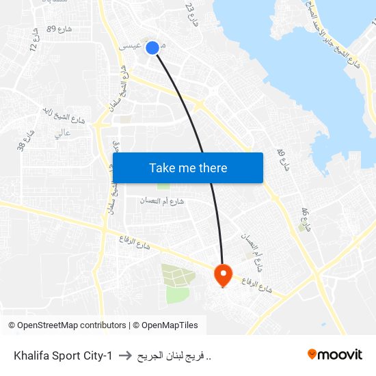 Khalifa Sport City-1 to فريج لبنان الجريح .. map