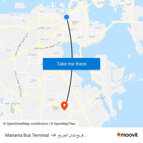 Manama Bus Terminal to فريج لبنان الجريح .. map