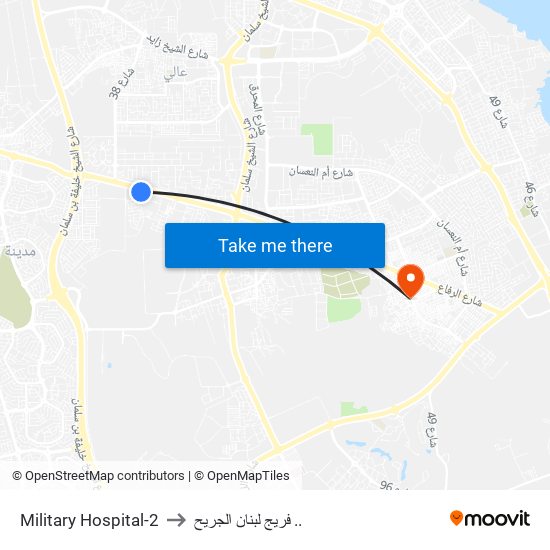 Military Hospital-2 to فريج لبنان الجريح .. map