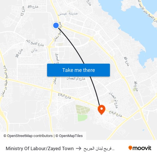 Ministry Of Labour/Zayed Town to فريج لبنان الجريح .. map