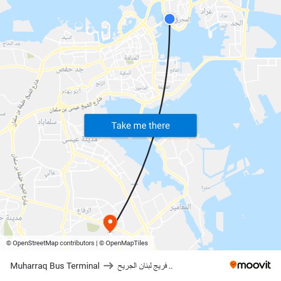 Muharraq Bus Terminal to فريج لبنان الجريح .. map