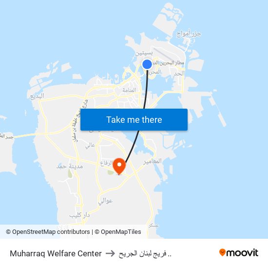 Muharraq Welfare Center to فريج لبنان الجريح .. map