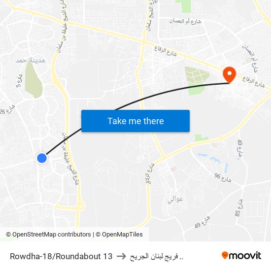 Rowdha-18/Roundabout 13 to فريج لبنان الجريح .. map