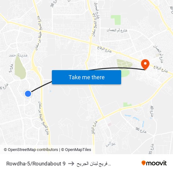 Rowdha-5/Roundabout 9 to فريج لبنان الجريح .. map