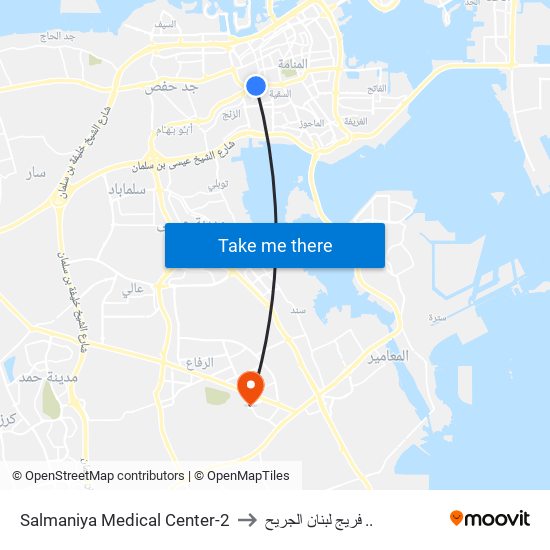 Salmaniya Medical Center-2 to فريج لبنان الجريح .. map