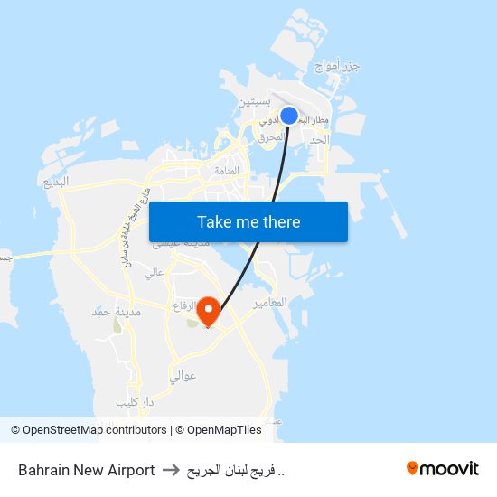 Bahrain New Airport to فريج لبنان الجريح .. map