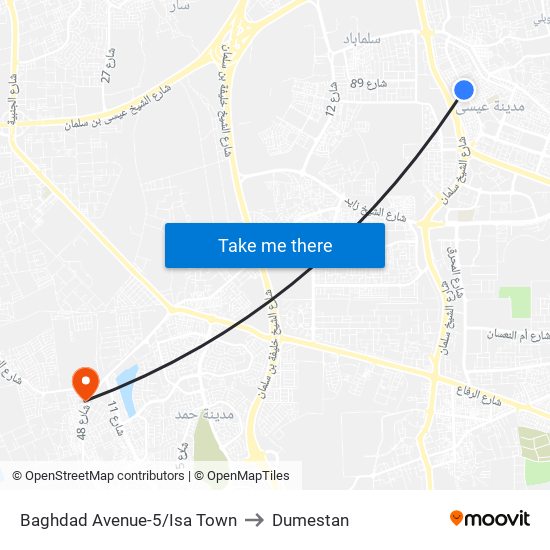 Baghdad Avenue-5/Isa Town to Dumestan map