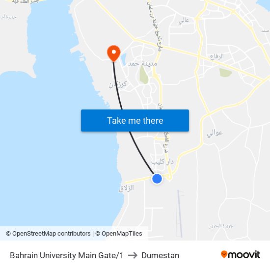 Bahrain University Main Gate/1 to Dumestan map