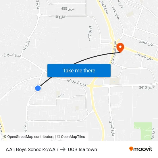 A'Ali Boys School-2/A'Ali to UOB Isa Town map