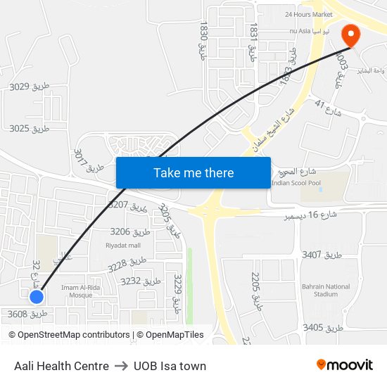 Aali Health Centre to UOB Isa town map