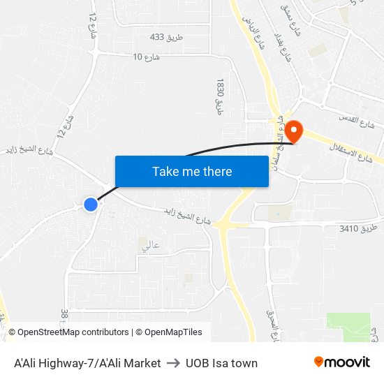 A'Ali Highway-7/A'Ali Market to UOB Isa town map