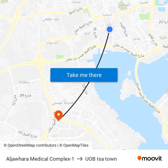 Aljawhara Medical Complex-1 to UOB Isa town map