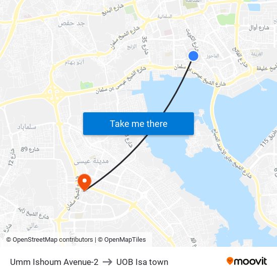Umm Ishoum Avenue-2 to UOB Isa town map