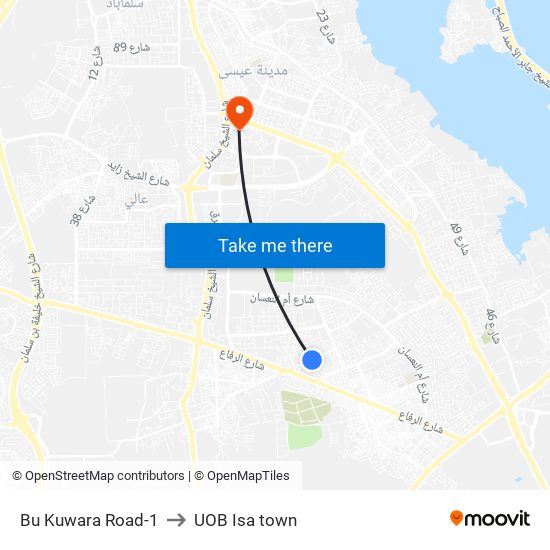 Bu Kuwara Road-1 to UOB Isa town map