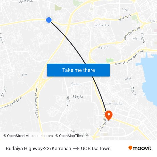 Budaiya Highway-22/Karranah to UOB Isa town map