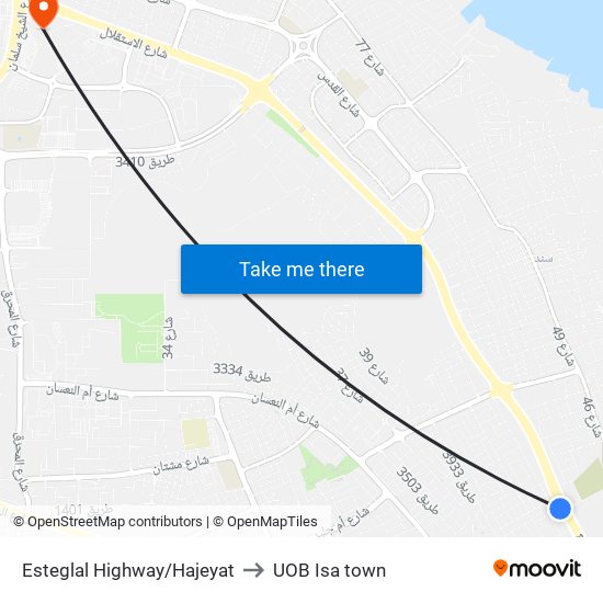 Esteglal Highway/Hajeyat to UOB Isa town map