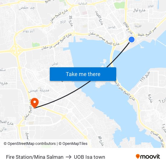 Fire Station/Mina Salman to UOB Isa town map