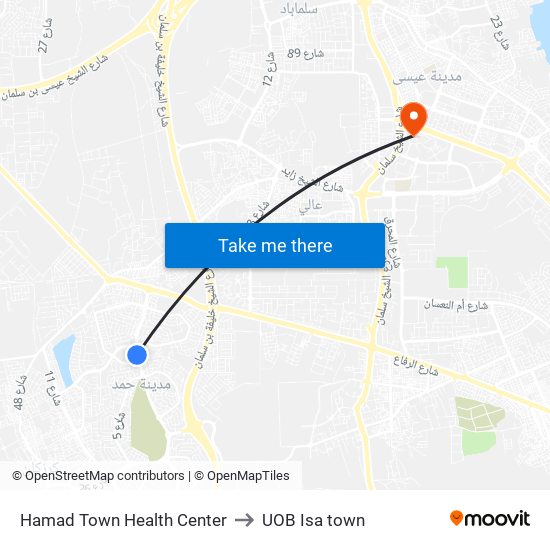 Hamad Town Health Center to UOB Isa town map