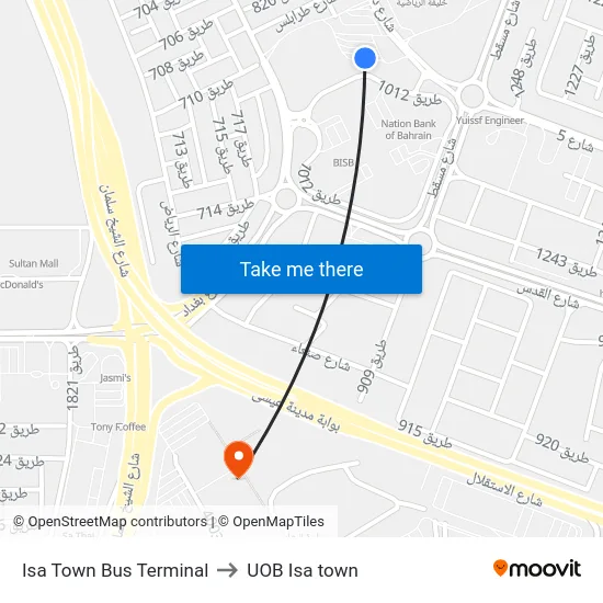 Isa Town Bus Terminal to UOB Isa Town map