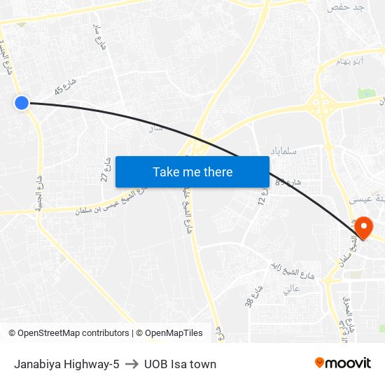 Janabiya Highway-5 to UOB Isa town map