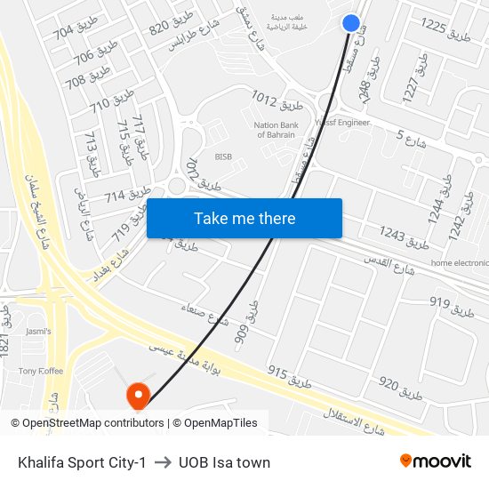 Khalifa Sport City-1 to UOB Isa town map
