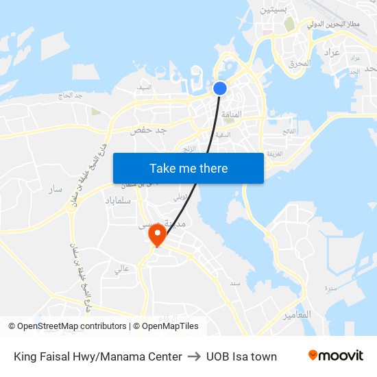 King Faisal Hwy/Manama Center to UOB Isa town map