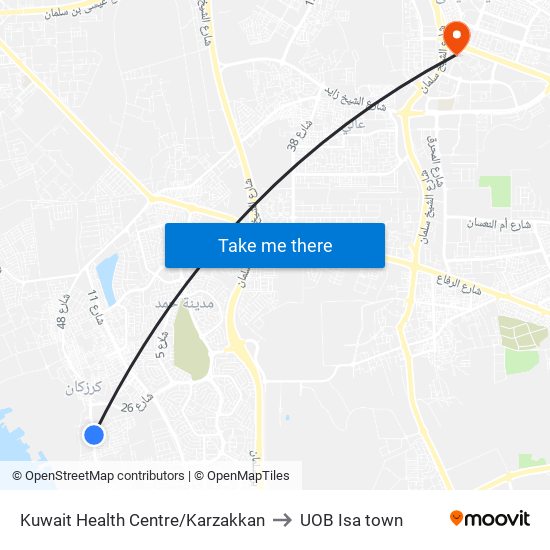 Kuwait Health Centre/Karzakkan to UOB Isa town map