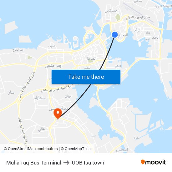 Muharraq Bus Terminal to UOB Isa town map