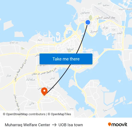 Muharraq Welfare Center to UOB Isa Town map
