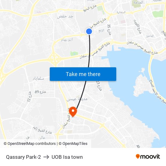 Qassary Park-2 to UOB Isa town map