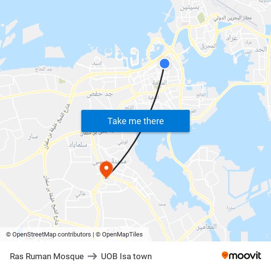 Ras Ruman Mosque to UOB Isa town map