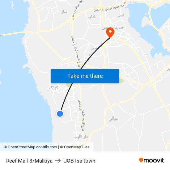 Reef Mall-3/Malkiya to UOB Isa town map