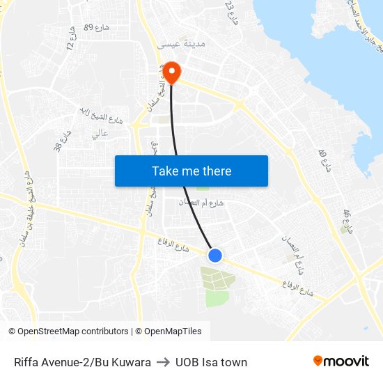 Riffa Avenue-2/Bu Kuwara to UOB Isa town map