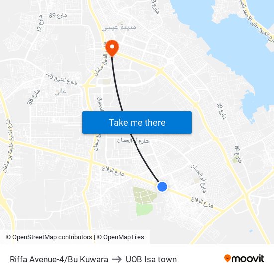 Riffa Avenue-4/Bu Kuwara to UOB Isa town map